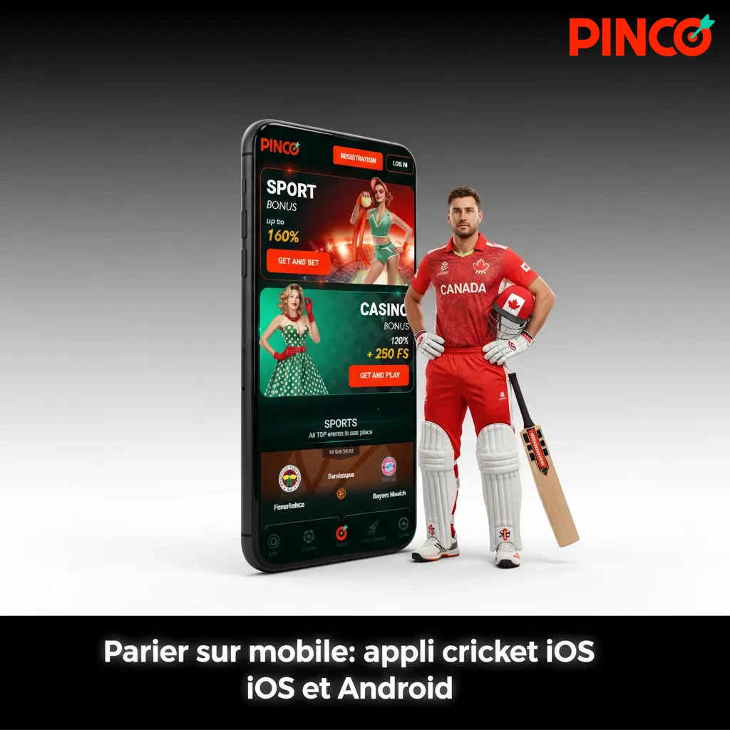 Écrans iOS et Android avec appli de paris cricket au Canada: cotes en direct, coupon, stats, option PWA.