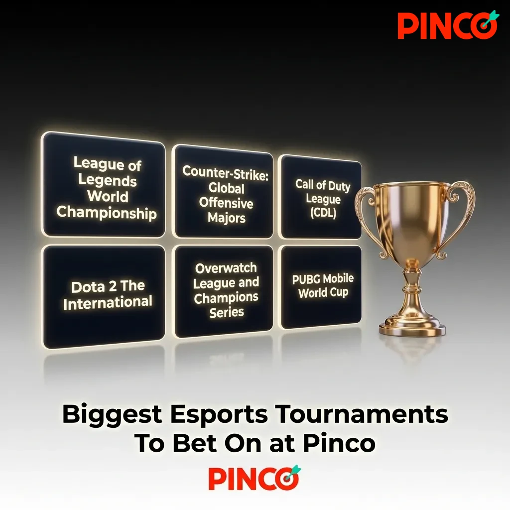 Table showing major esports tournaments for betting across games like Dota 2, CS2, League of Legends, and Valorant at Pinco