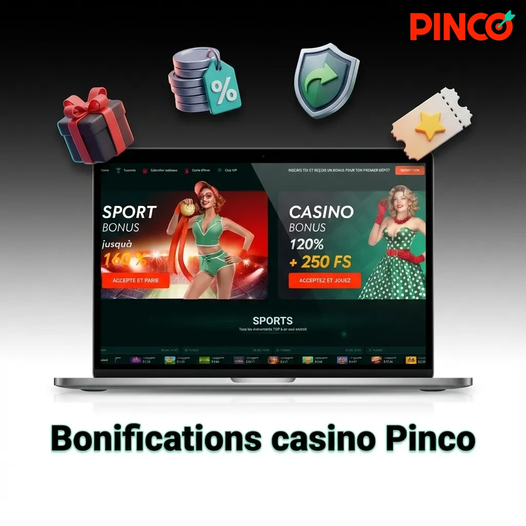 Pinco Casino welcome bonus offer showing 120% match up to $7,500 CAD plus 250 free spins for new players