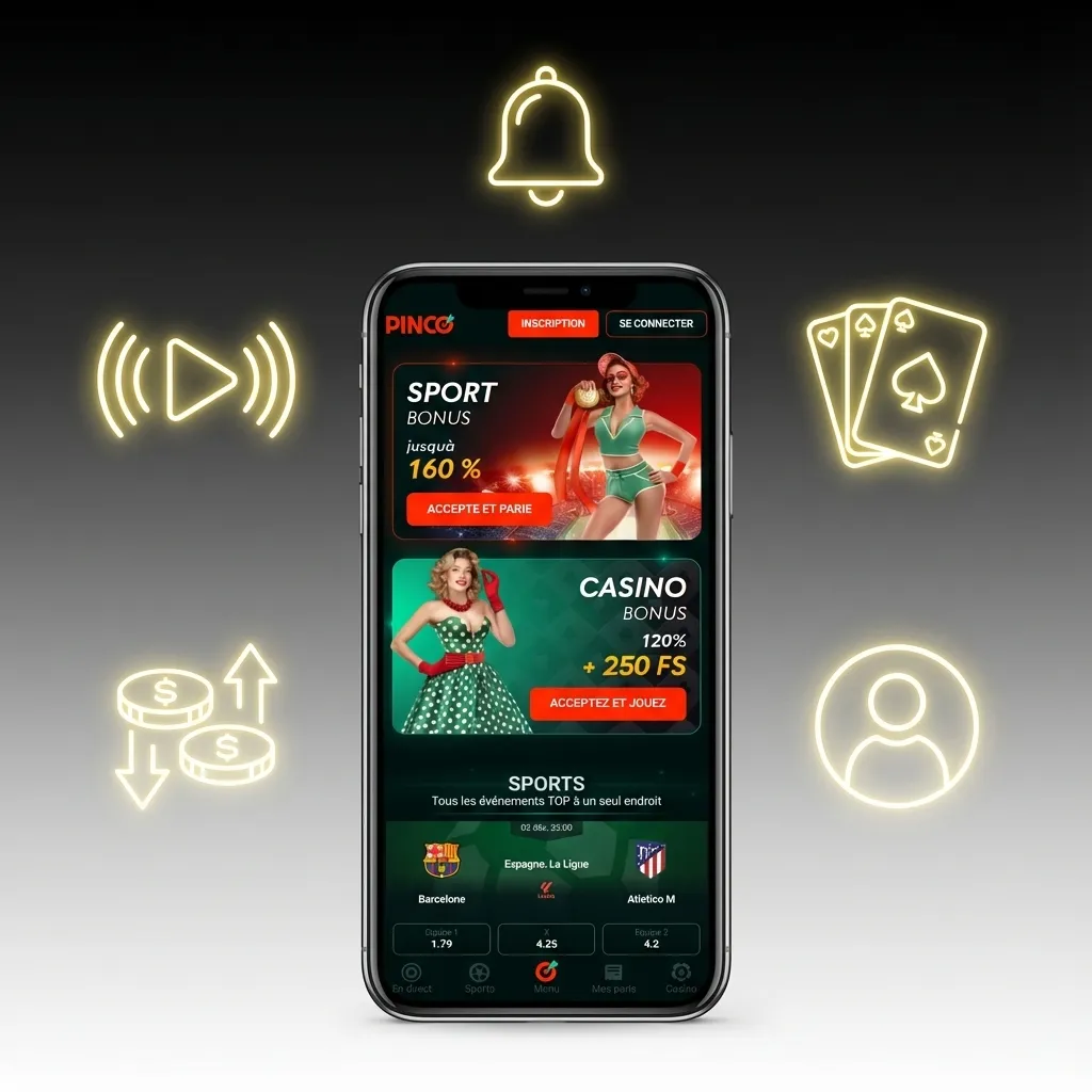 Pinco mobile app interface showing casino games, sports betting, and Interac payment options for Canadian players