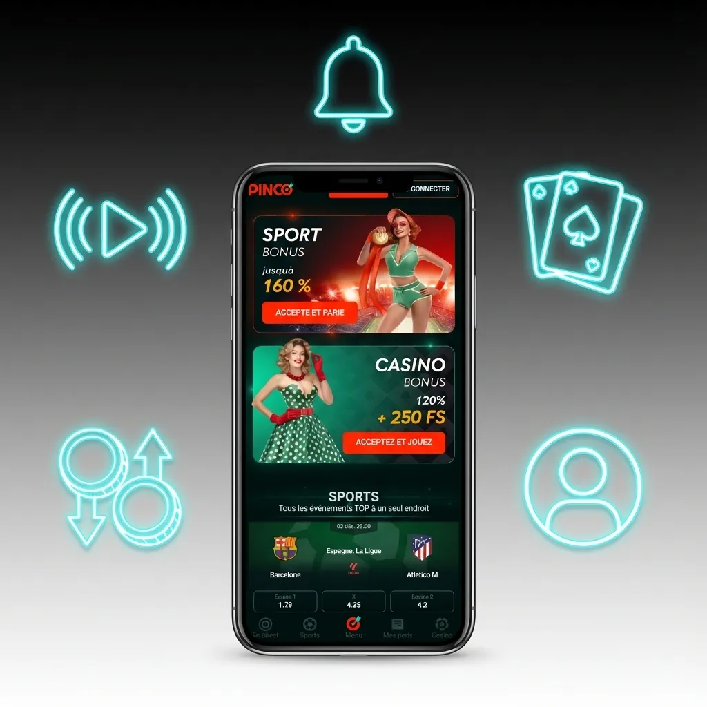 Application mobile Pinco avec fonctionnalités de paris sportifs, jeux de casino et options de paiement sécurisées
