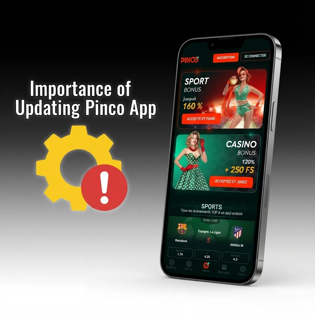 Smartphone displaying Pinco app update notification with security shield and performance improvement icons