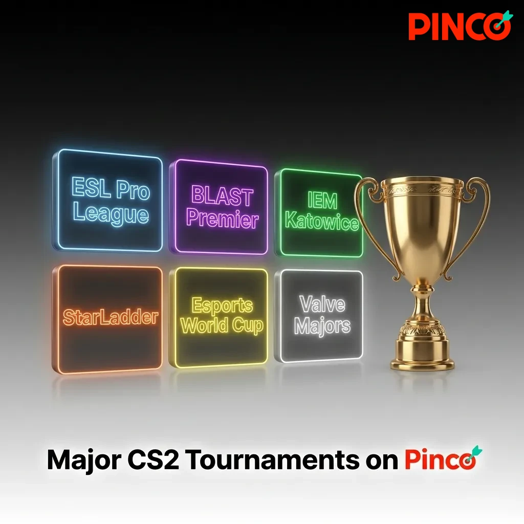 CS2 tournament logos and competitive gaming event schedule displayed on Pinco betting platform interface
