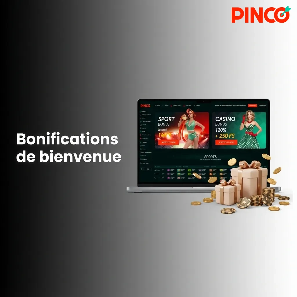 Pinco welcome bonuses table showing casino and sports betting offers with amounts, percentages, and wagering requirements.