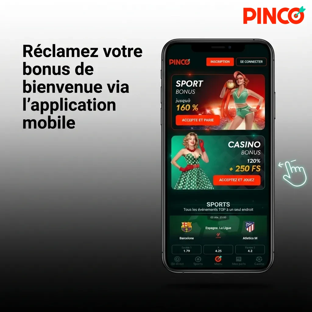 Mobile app screen showing Pinco welcome bonus claim process with deposit and payment options