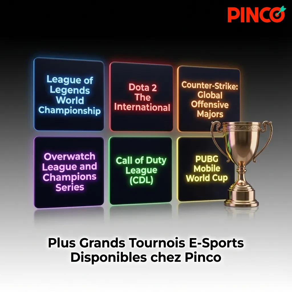 Major e-sports tournaments available at Pinco including Dota 2, CS2, League of Legends, Valorant and other competitive games