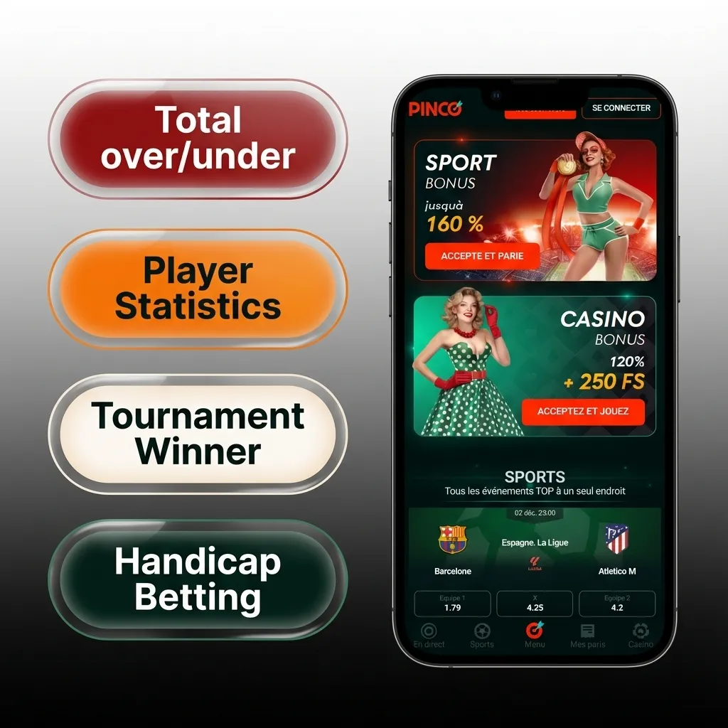 Interface de l'app Pinco montrant les différents types de paris: simple, combiné, système, en direct et handicap