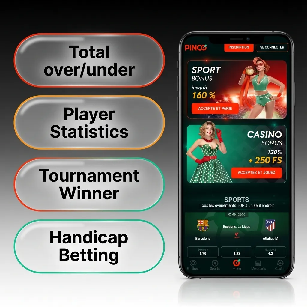 Pinco betting app interface showing various bet types including single, accumulator, system, handicap, and over/under options