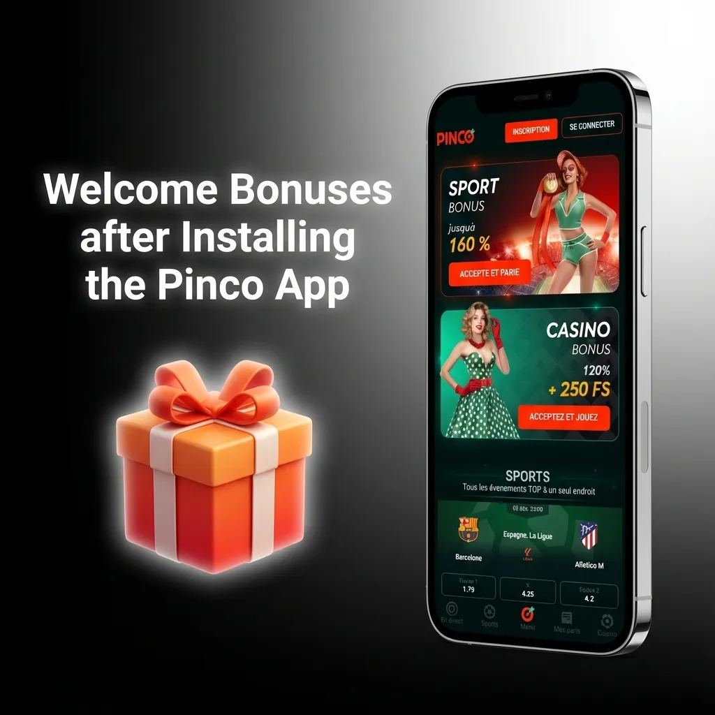 Pinco app welcome bonuses showing casino package with 120% match up to C$7,500 plus free spins and sports betting bonus details